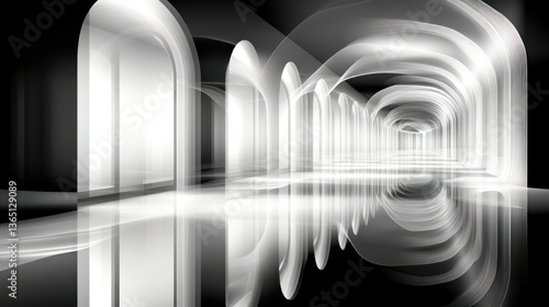 Infinite glossy corridor with arched doorways, reflecting light and creating a mesmerizing perspective