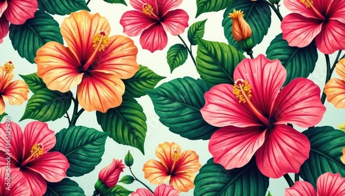 Wallpaper Mural Bold hibiscus & tropical foliage, vibrant seamless repeat , foliage, flower Torontodigital.ca