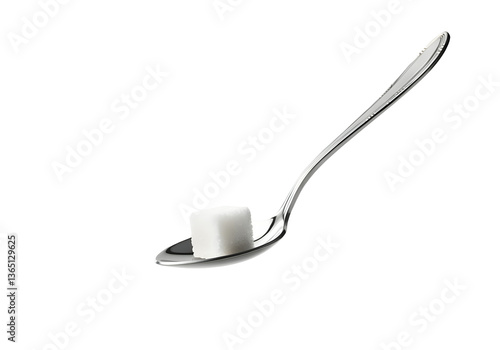 A floating silver spoon with a single sugar cube on top, isolated on a solid white background.
