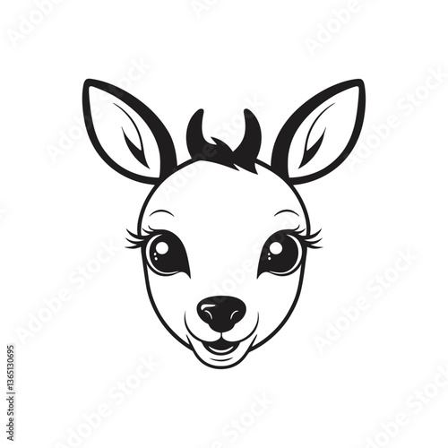 A simple black and white vector illustration of a baby deer prancing with a sweet smile on a white background