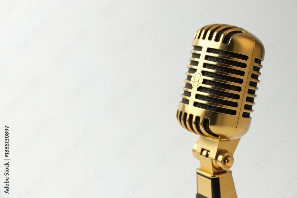 Fototapeta premium Close-up of a single gold microphone on white background, retro, hip hop, luxury