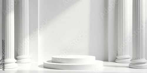 Luxurious 3D rendered background scene with white Roman columns and a Greek-style podium  perfect for showcasing beauty or cosmetic products   plant   platform