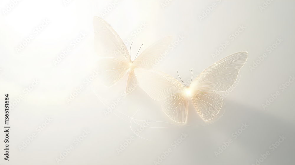 Naklejka premium Two glowing white butterflies on the wall, glowing light lines and shapes in pale yellow, translucent butterfly wings, pure white background,