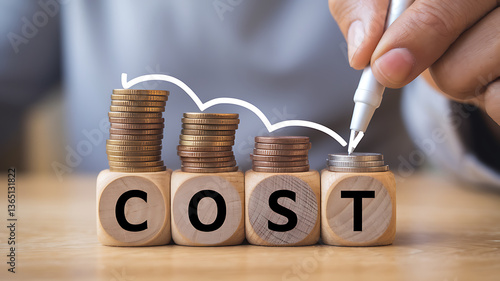 Reducing costs illustrated with stacked coins on lettered blocks and a descending arrow.