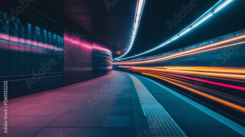 Long Exposure Showing Colorful Light Trails in Underground Train Station