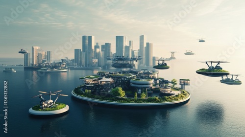 Fototapeta Naklejka Na Ścianę i Meble -  A futuristic AI enhanced self sustaining floating city, autonomous drones maintaining advanced renewable energy infrastructure, Smart city tech style