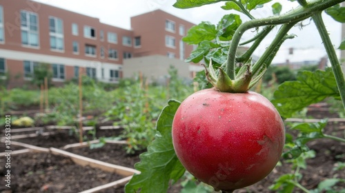 Fresh Red Tomato Growing in Urban Community Garden with Background Buildings and Green Vegetation