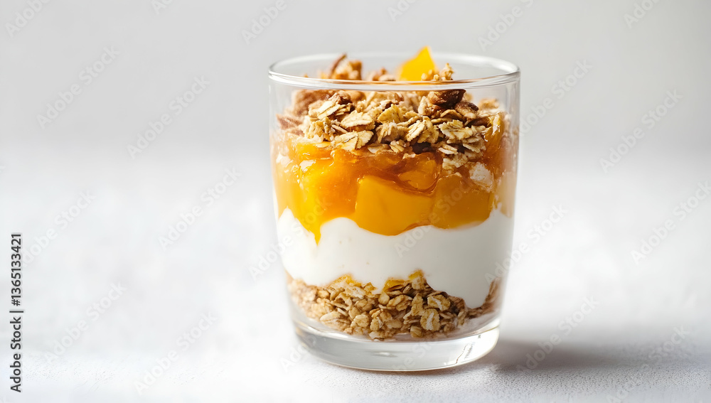 A transparent glass with layers of Greek yogurt, granola, and orange marmalade on a white background A transparent glass with layers of Greek yogurt, granola, and orange marmalade on a white background