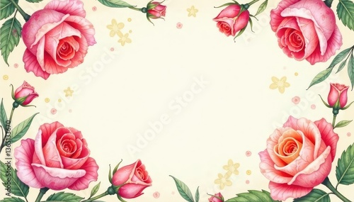 Delicate watercolor roses repeat on vintage paper texture, red, flower