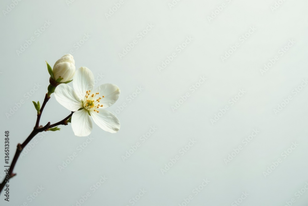 Fototapeta premium Delicate white blossom against pure white background, minimal, delicate