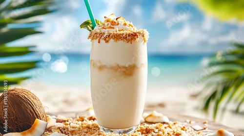 A coconut cream pie milkshake with toasted coconut rim placed by the beachside dessert bar
