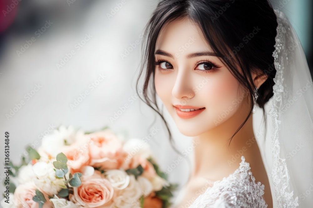 Naklejka premium Happy bride and groom on the day of the wedding ceremony Taking pre-wedding photos. Beautiful simple AI generated image