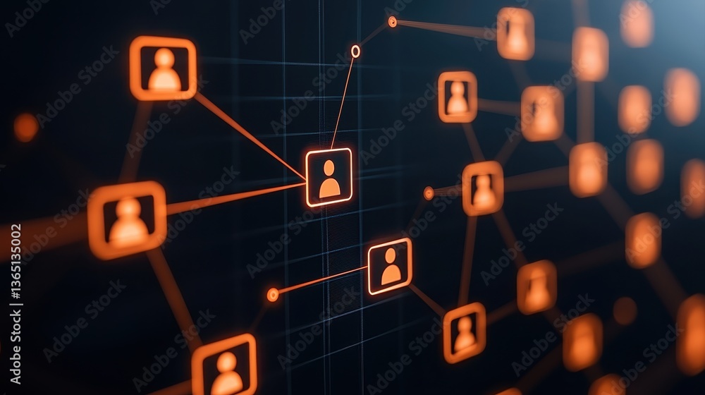 Obraz premium A digital network visualization showcasing interconnected user profiles with glowing nodes and lines, representing data flow and connections.