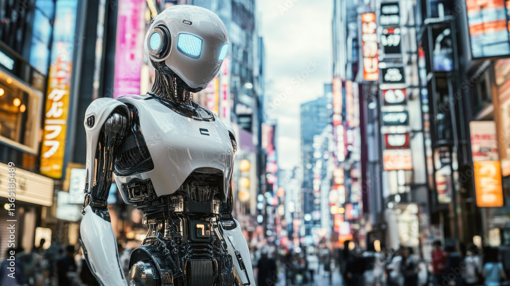 Fototapeta premium Futuristic robot against busy cityscape with skyscrapers and illuminated signs