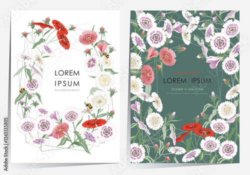  A Colorful Field of Blooming Dianthus Flowers. Vector illustration of template set in Minhwa, Korean Folk Painting Style 	
