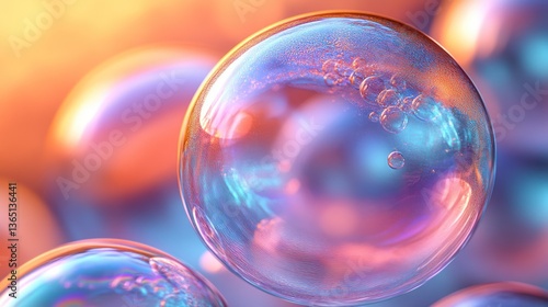 Iridescent soap bubbles, close-up view, showcasing vibrant colors and reflections
