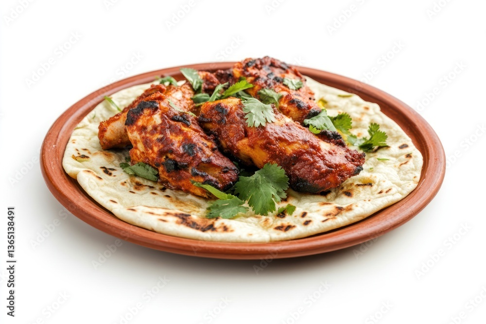 One dish of indian tandoori chicken on roti plate food delicious. One dish of indian tandoori chicken on roti plate food delicious.