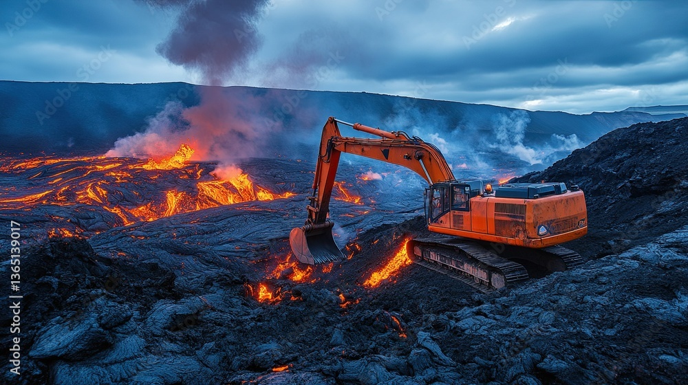 Orange Excavator Working Amidst Volcanic Activity with Molten Lava Flowing in Rugged Terrain Twilight Orange Excavator Working Amidst Volcanic Activity with Molten Lava Flowing in Rugged Terrain Twilight