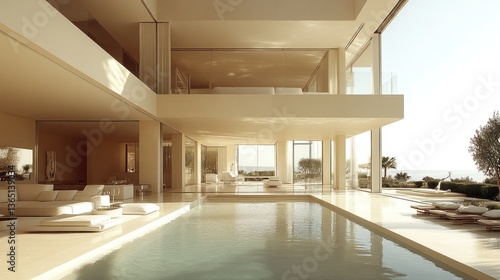 Modern minimalist villa with infinity pool and ocean view. Open-plan design  abundant natural light