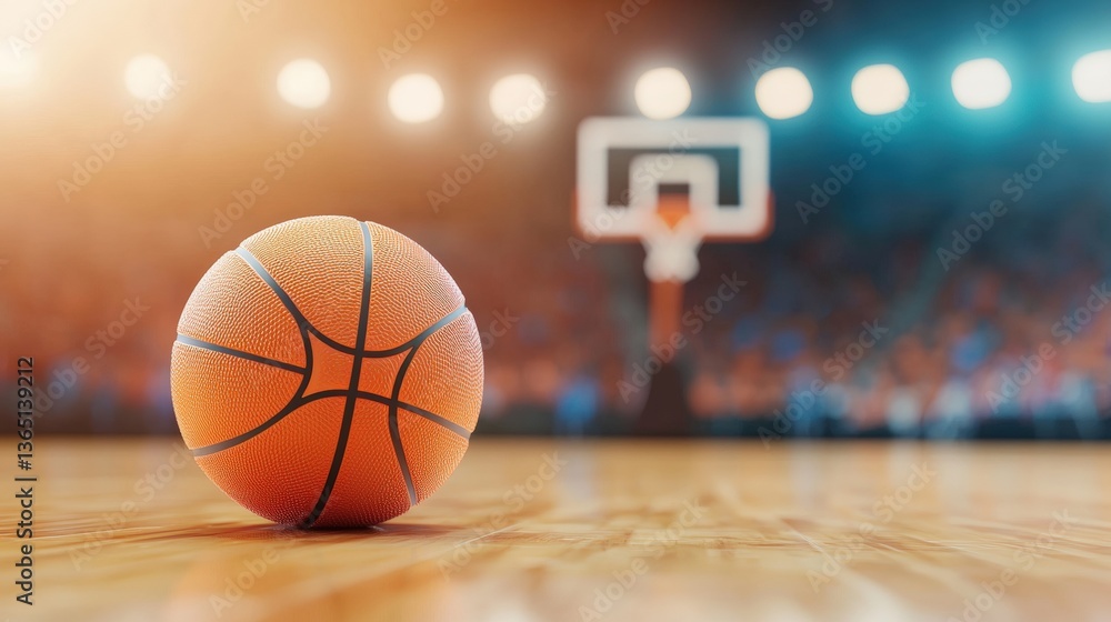 A basketball rests on a polished court with a blurred hoop in the background, illuminated by bright arena lights. A basketball rests on a polished court with a blurred hoop in the background, illuminated by bright arena lights.