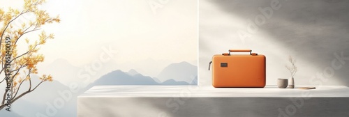 Orange briefcase rests on ledge, overlooking serene mountain vista. Autumnal branch adds detail