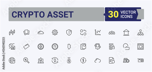 Crypto Asset icon set. Contains such symbols as payment, currency, banking, dollar and more. Crypto Currency modern icon set. Thin outline icons pack. Pixel perfect. Editable stroke.
