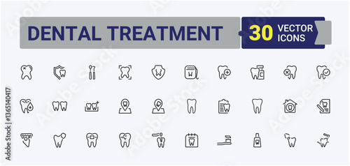 Dental Treatment related icon set. Featuring treatment, oral, teeth, medical, hospital, health, clinic and more. Dental icon set in linear style. Minimal icons pack. Signs for web and mobile app.