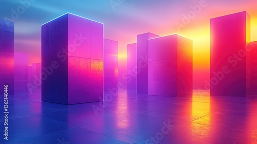 Sunset over vibrant, reflective, geometric structures