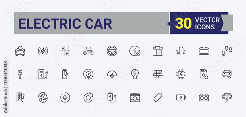 Renewable simple icon set. Containing transport, car, auto, transportation, electric vehicle and more. Electric Car icon pack. Modern linear icons. Editable vector art.