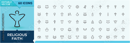 Religious Faith line icon. Containing religious, pray, islamic, church, christian, christianity and more. Religion icon pack. Outline icons pack. Editable vector art and illustration.