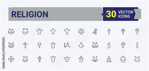 Religion modern icon set. Related to religious, catholic, prayer, church, islamic and more. Vector icons collection. Pray linear icon collection. Editable stroke. Vector collection.