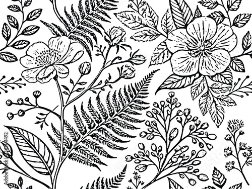 Wallpaper Mural Botanical Line Art Pattern | Hand-Drawn Floral Seamless Vector Illustration Torontodigital.ca