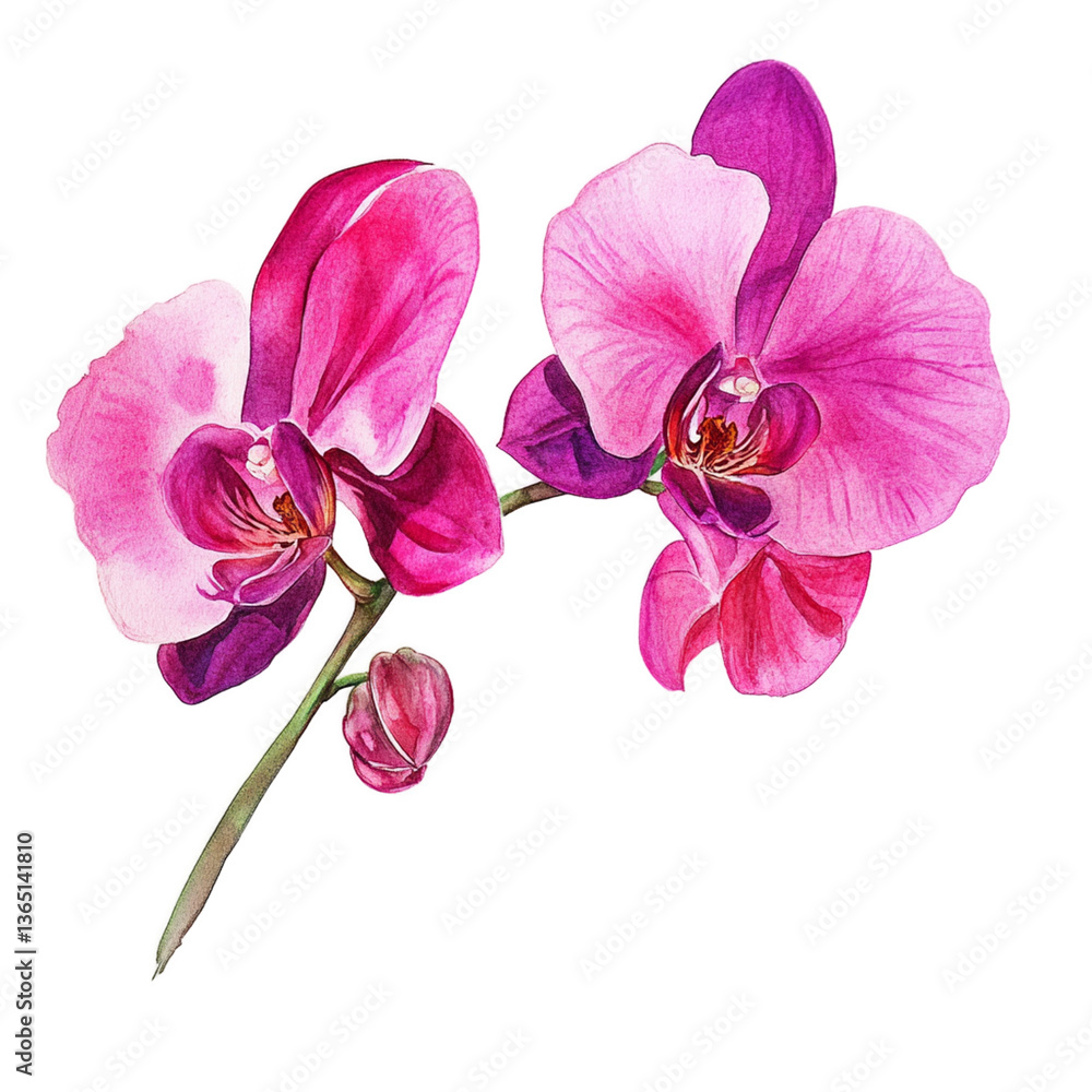 Obraz premium A vibrant magenta orchid watercolor painting with delicate petals.
