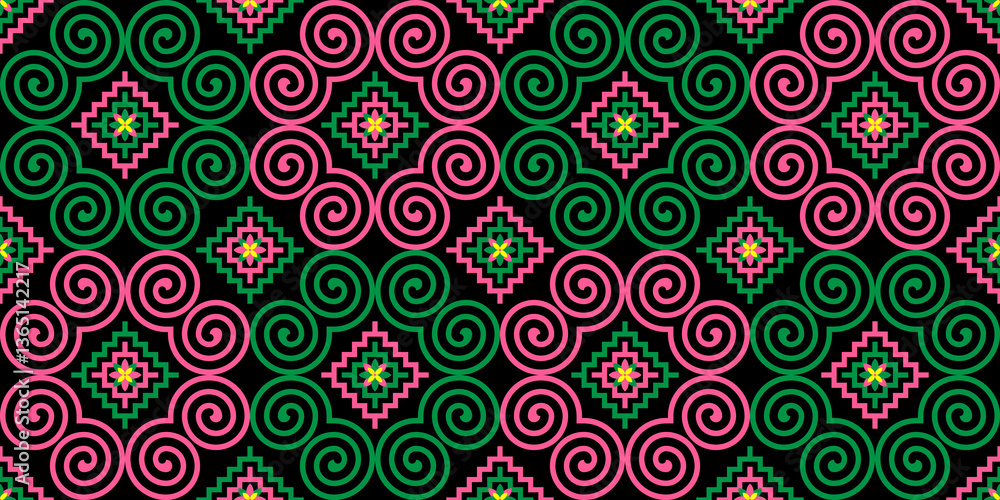 Fototapeta premium Seamless Hmong Embroidery Patterns in Hmong Ethnic Style, Green and Pink Tones, Pattern Design for Carpets, Clothing, Fabrics, Textures, Wallpaper, Wrapping, Fashion