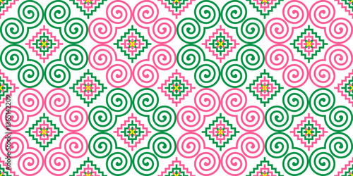 Seamless Hmong Embroidery Patterns in Hmong Ethnic Style, Green and Pink Tones, Pattern Design for Carpets, Clothing, Fabrics, Textures, Wallpaper, Wrapping, Fashion