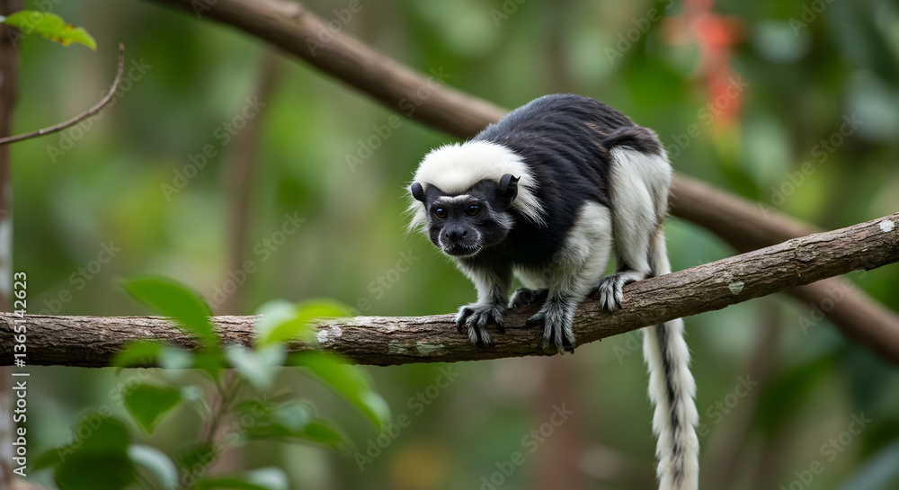Obraz premium Captivating portrait of Pied Tamarin monkey perched on a branch in nature