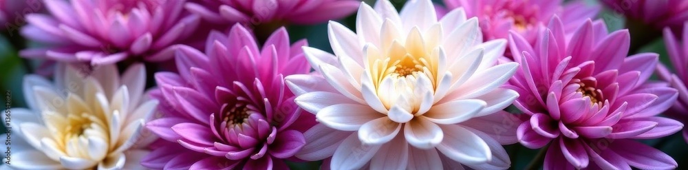 Close-up view of mixed purple and white chrysanthemum blossoms , pastel, color Close-up view of mixed purple and white chrysanthemum blossoms , pastel, color