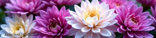 Close-up view of mixed purple and white chrysanthemum blossoms , pastel, color