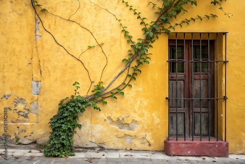 Rustic Yellow Wall with Climbing Green Vine and Vintage Wooden Door | Background