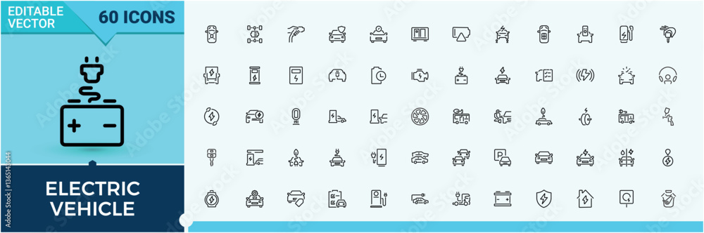 Naklejka premium Electric Vehicle icon collection. Includes thin line symbols transport, hybrid, auto, renewable, transportation, automobile and more. Electric Car icon set. Editable stroke. Vector collection.