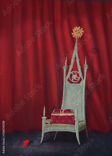 an old royal chair with a red velvet chest on a background of red curtains and a scarlet rose on the floor