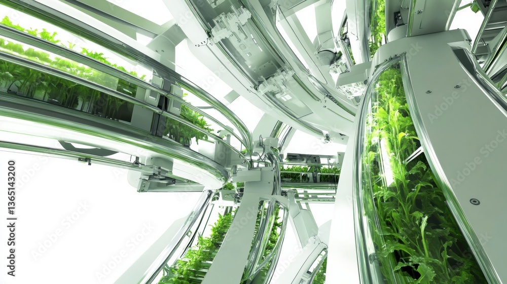 Obraz premium A futuristic robotic farming facility where robotic arms are assembling vertical farming systems, automated precision irrigation and nutrient distribution technology, High-tech style