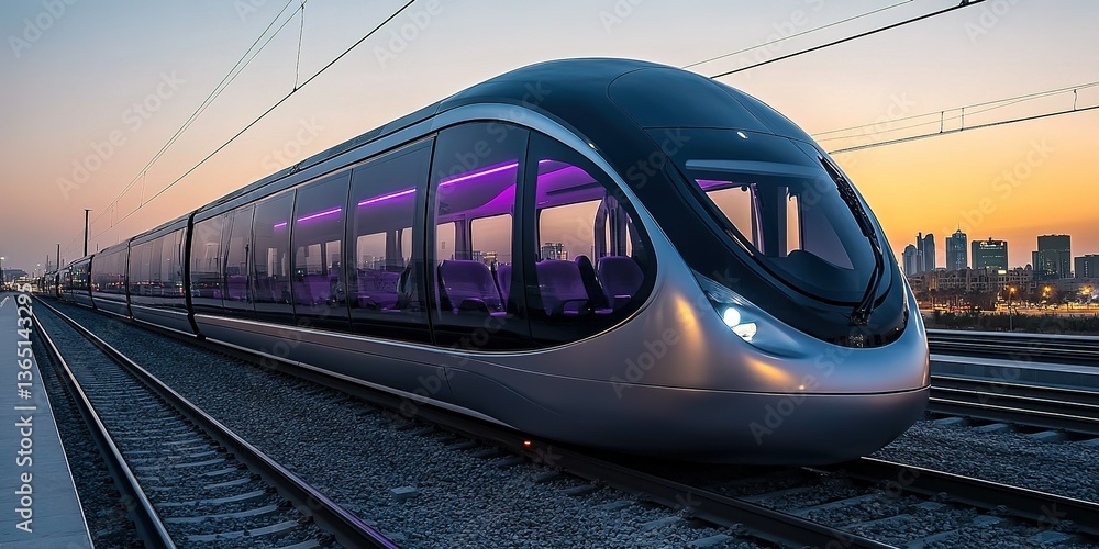 Fototapeta premium Modern train at sunset showcasing sleek design and vibrant interior lighting in a cityscape