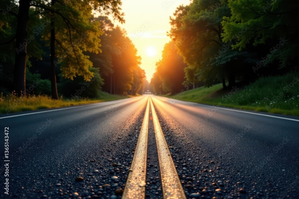 Dark asphalt road, sharp white lane markings, sun glare , countryside, road trip, shadow Dark asphalt road, sharp white lane markings, sun glare , countryside, road trip, shadow