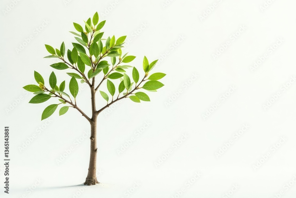 Obraz premium Single young tree, delicate leaves, white backdrop, isolated, horizontal, photography