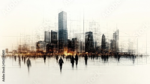 Sketchy city skyline with blurred figures.  Modern urban landscape