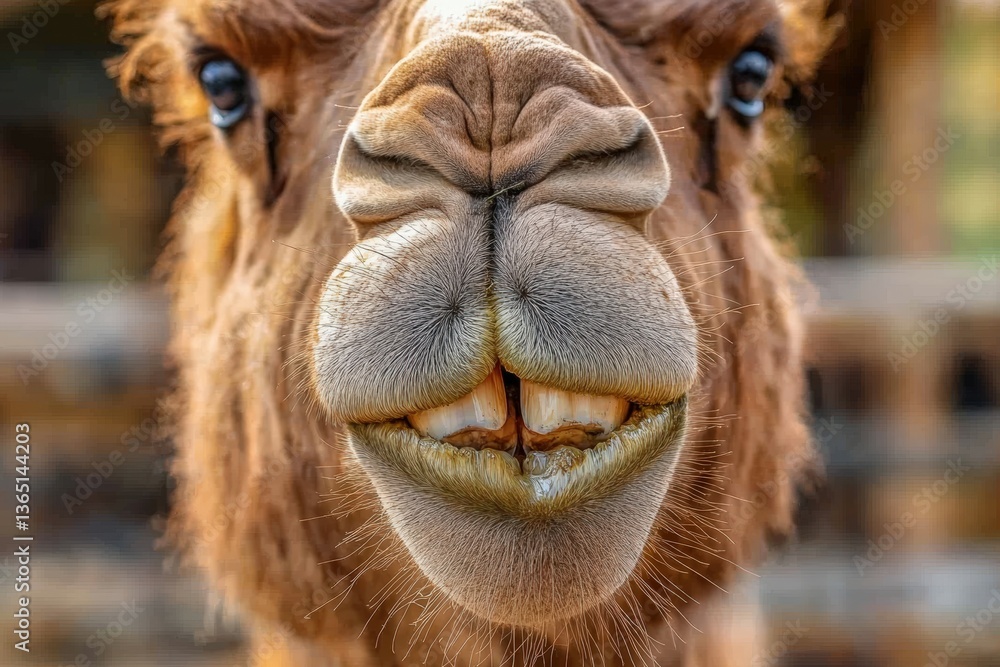 Obraz premium Closeup of a yellow-furred camel pouts in a display of its lower lip, in a zoo in Sydney, Australia. Beautiful simple AI generated image