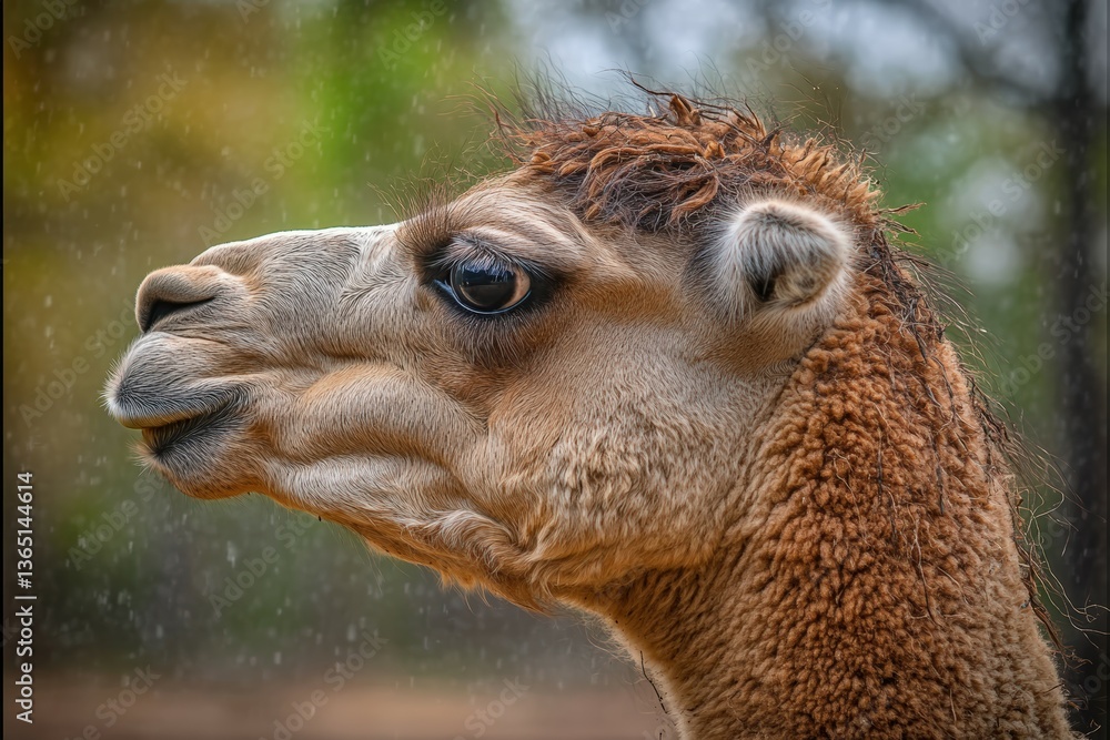 Obraz premium Closeup of a yellow-furred camel pouts in a display of its lower lip, in a zoo in Sydney, Australia. Beautiful simple AI generated image