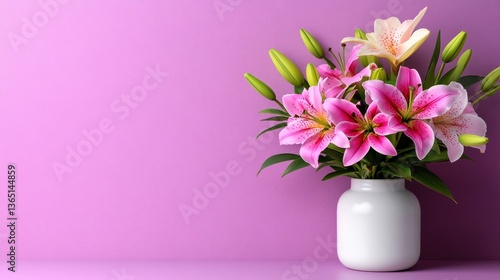 Wallpaper Mural Pink lilies in white vase against purple background. Elegant floral arrangement Torontodigital.ca