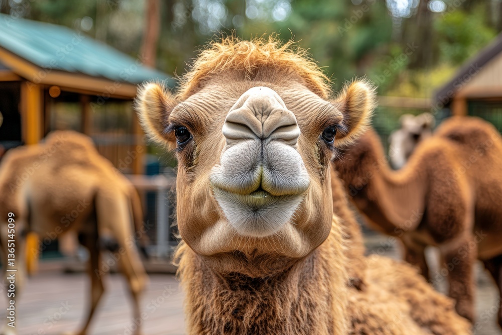 Fototapeta premium Close-up of a camel in the desert with a golden sunset.. Beautiful simple AI generated image